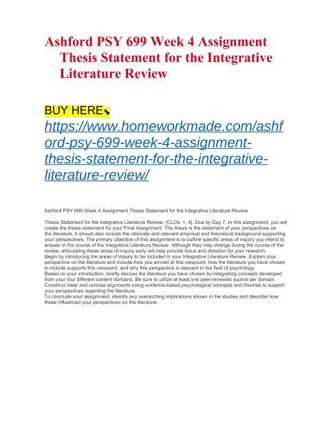 Ashford PSY 699 Week 4 Assignment Thesis Statement For The Integrative Literature Review