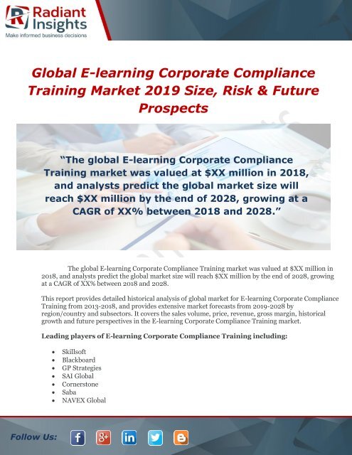 Global E-learning Corporate Compliance Training Market 2019 Size, Risk &amp;amp; Future Prospects