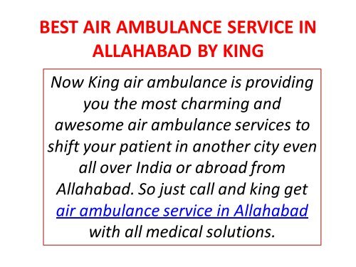 Get Finest and Quick Response King Air Ambulance Service in Jabalpur and Allahabad 