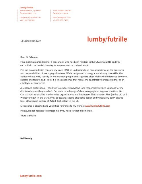 Neil Lumby Covering Letter + Resume 2019