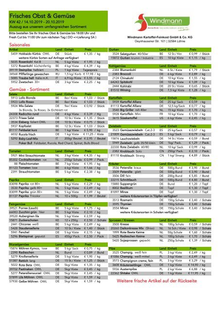 Wochenpreisliste Obst & Gemüse KW42
