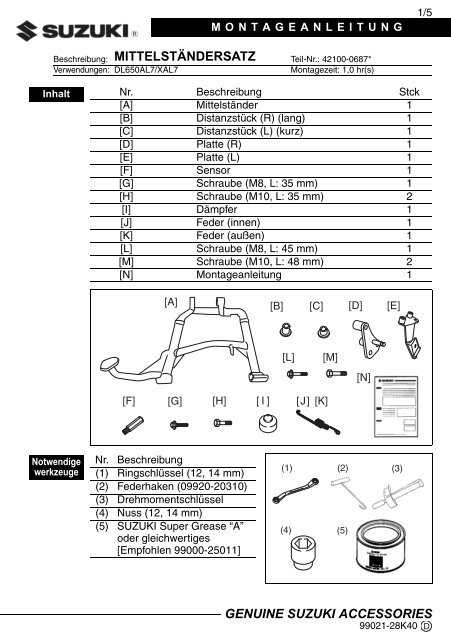 Suzuki CENTER STAND SET INSTALLATION INSTRUCTIONS DL650AL7/XAL7 42100-06870