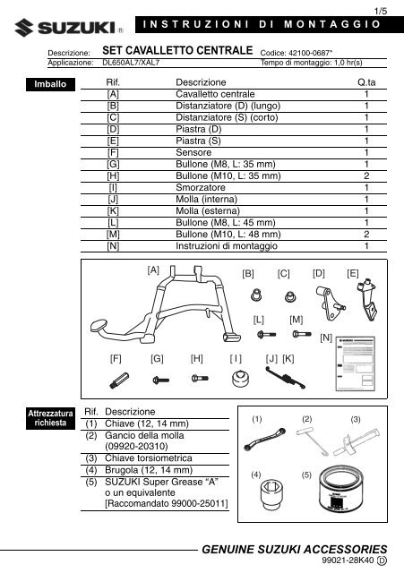 Suzuki CENTER STAND SET INSTALLATION INSTRUCTIONS DL650AL7/XAL7 42100-06870