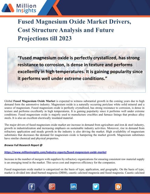 Fused Magnesium Oxide Market Drivers, Cost Structure Analysis and Future Projetions till 2023