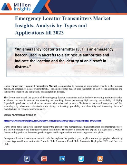 Emergency Locator Transmitters Market Insights, Analysis by Types and Applications till 2023