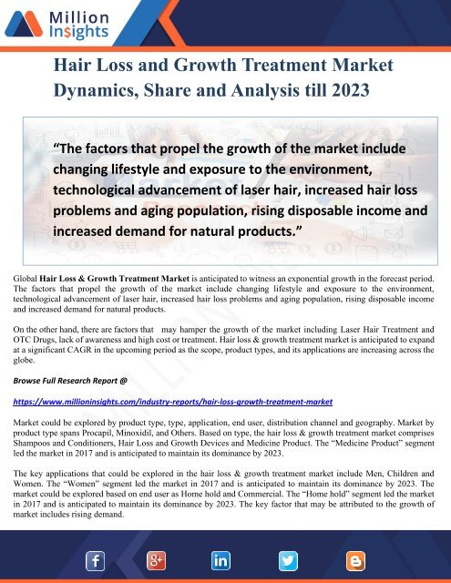 Hair Loss and Growth Treatment Market Dynamics, Share and Analysis till 2023