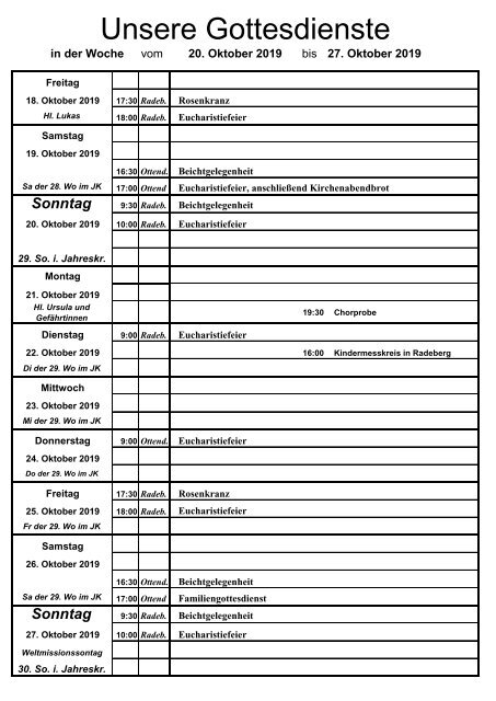 Vermeldungen KW 43/19 - Gottesdienstordnung 20.-27.10. 2019