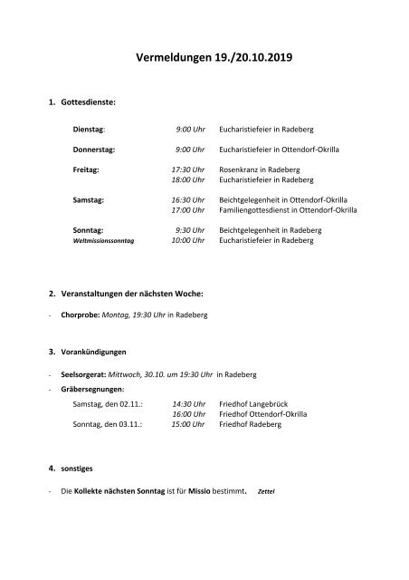 Vermeldungen KW 43/19 - Gottesdienstordnung 20.-27.10. 2019