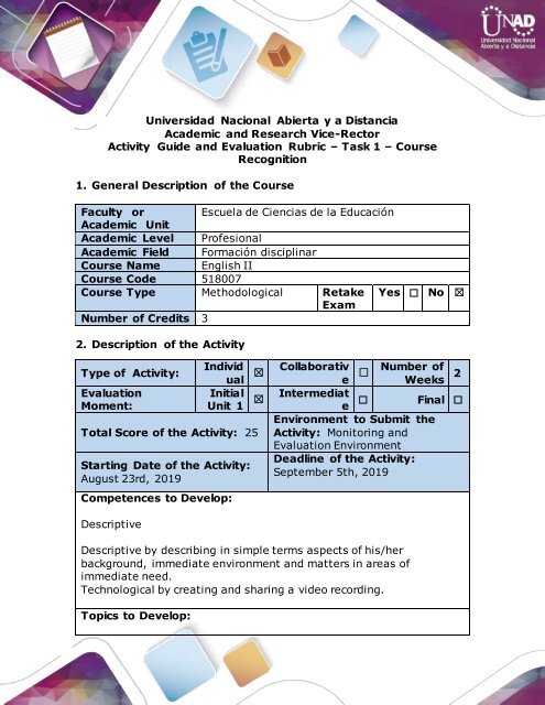Activity Guide and Evaluation Rubric - Task 1 Course Recognition