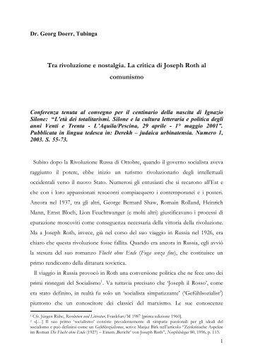 Dr. Georg Doerr:  Tra rivoluzione e nostalgia -- La prima critica di Joseph Roth al com-munismo