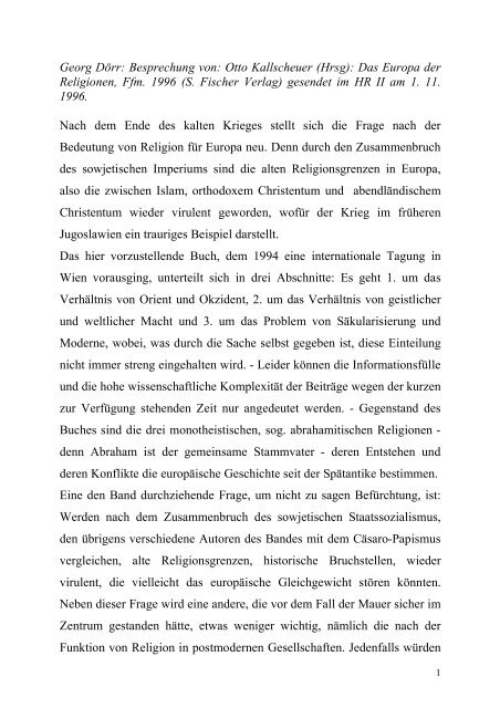 Dr. Georg Doerr -- Rezension von: Otto Kallscheuer (Hg.): Das Europa der Religionen. S. Fischer:  Frankfurt am Main 1996. 