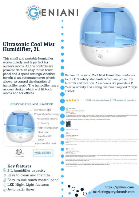 Geniani 2L Ultrasonic Cool Mist Humidifier with Timer