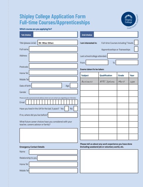 Shipley College Full-time Prospectus 2020-21