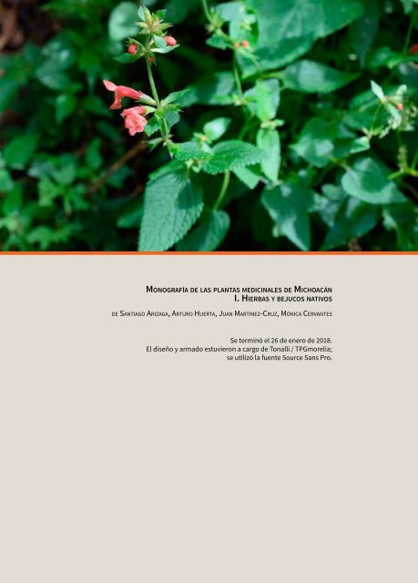 Monografía de las plantas medicinales de Michoacán. 1. Hierbas y bejucos nativos, por Santiago Arizaga