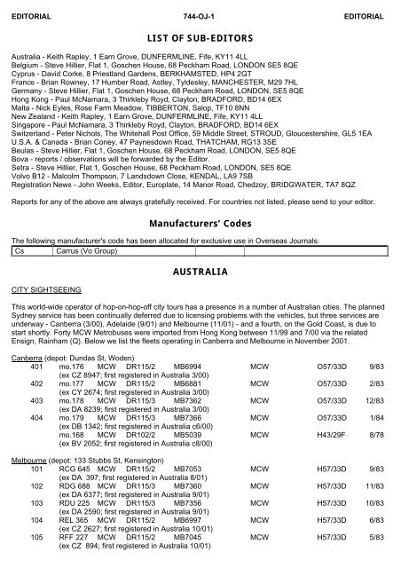 LIST OF SUB-EDITORS Manufacturers' Codes AUSTRALIA