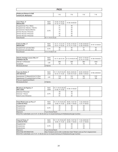 Azoren-Preisliste 01.11.19-31.10.20