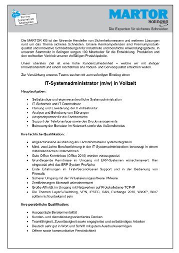 IT-Systemadministrator (m/w) in Vollzeit - Martor KG