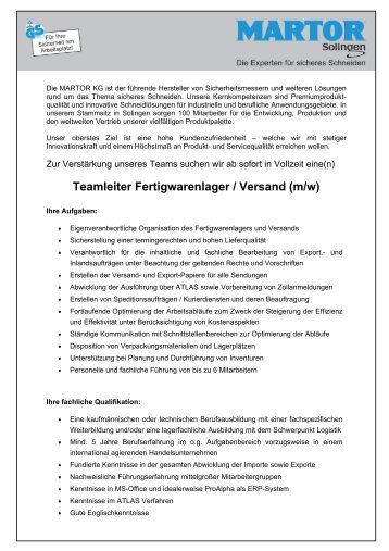 Teamleiter Fertigwarenlager / Versand (m/w) - Martor KG