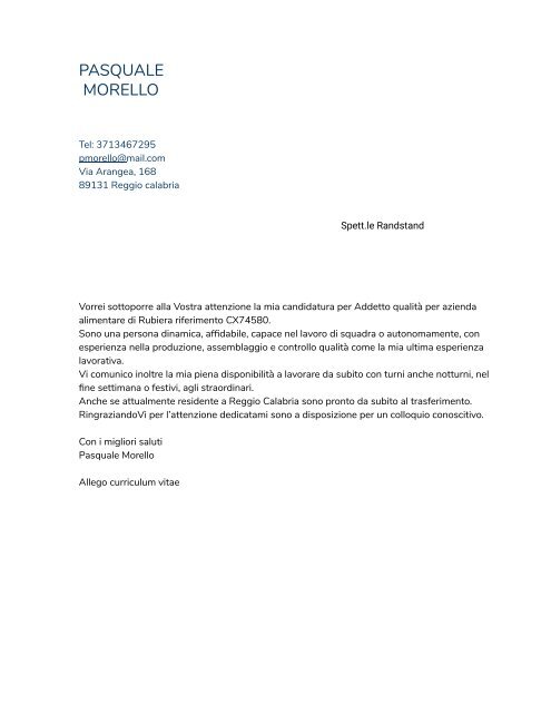 Lettera Di Presentazione Pasquale Morello