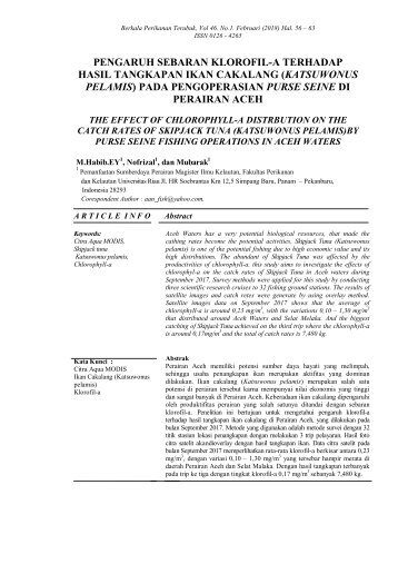 PENGARUH SEBARAN KLOROFIL-A TERHADAP HASIL TANGKAPAN IKAN CAKALANG (KATSUWONUS PELAMIS) PADA PENGOPERASIAN PURSE SEINE DI PERAIRAN ACEH