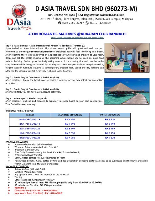 Maldives Honeymoon Package @ Adaaran Club - D Asia Travels