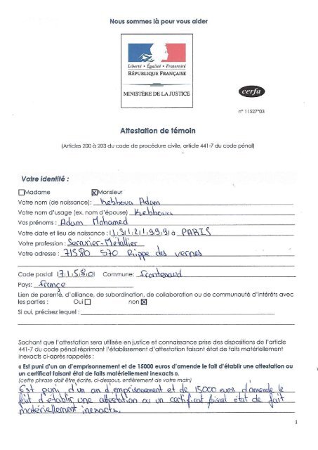 Attestation ministère de la justice