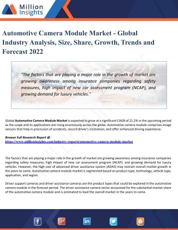 Automotive Camera Module Market Size, Share and Consumption Analysis Report 2022 by Million Insights