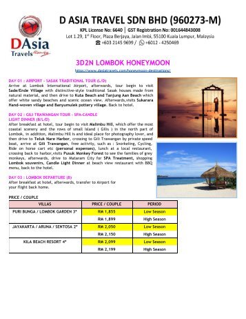 Lombok Honeymoon Packages -Pink Beach, Gili Trawangan, Senaru Waterfall Exclusive - D Asia Travels