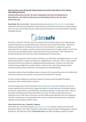 Destruction.com (Datasafe Information Security) Introduces New Home Shredding Division