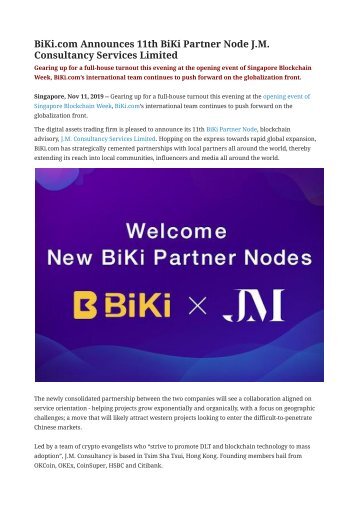 BiKi.com Announces 11th BiKi Partner Node J.M. Consultancy Services Limited