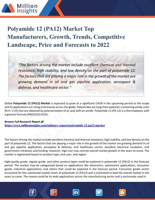 Polyamide 12 Pa12 Market Global Industry Insights Trends Outlook And Opportunity Analysis 2022 Growing Trends 2022