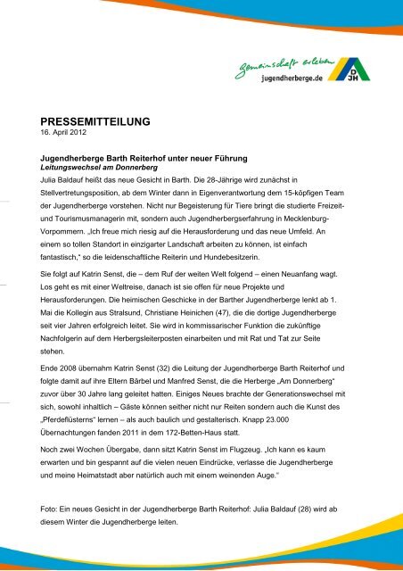 pressemitteilung - DJH Jugendherbergen Mecklenburg-Vorpommern pressemitteilung - DJH Jugendherbergen Mecklenburg-Vorpommern