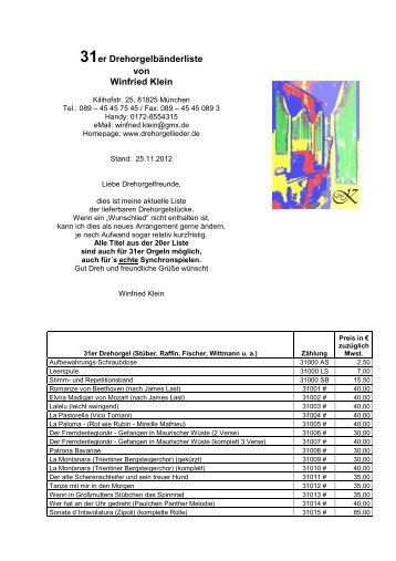 31er Drehorgelbänderliste von Winfried Klein - drehorgellieder