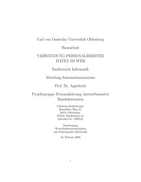 Carl von Ossietzky Universität Oldenburg Hausarbeit ... - DIKO :: Index