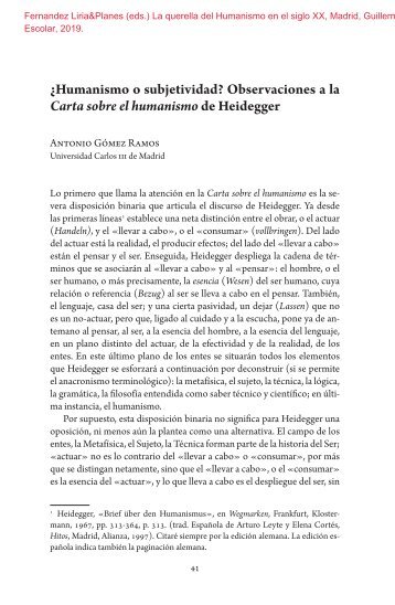 Humanismo o subjetividad Observaciones a la CARTA DEL HUMANISMO de Heidegger