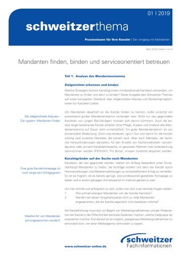 Schweitzer Thema für Rechtsanwälte 1/19 – Mandantenbindung: Mandanten finden, binden und serviceorientiert betreuen