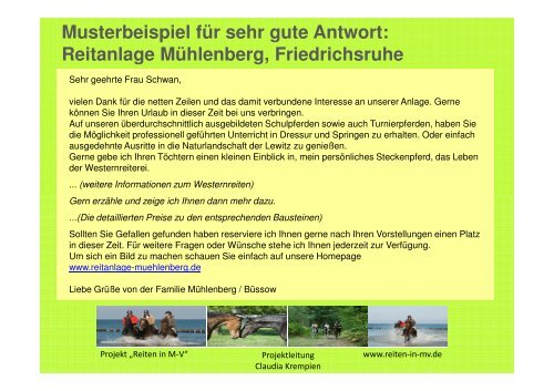 Projekt „Reiten in MV“ Frau Claudia Krempien Tel.: 038208