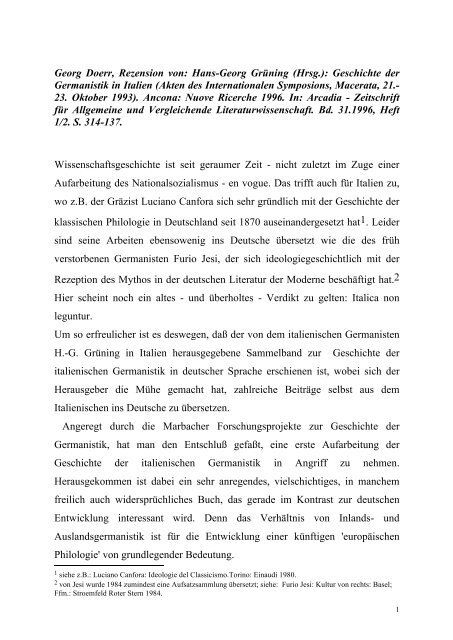 Dr. Georg Doerr -- Rezension von:   H.-G. Grüning (Hg.): Geschichte der Germanistik in Italien. (Akten des Internatio-nalen Symposions, Macerata, 21.-23. Oktober 1993). Nuove Ricerche: Ancona 1996.