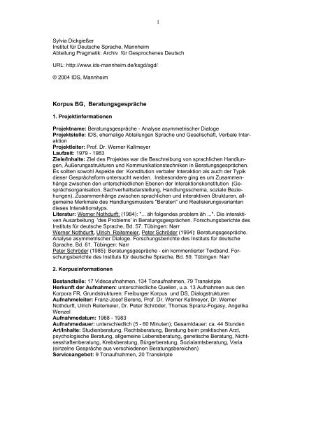 Korpus BG, Beratungsgespräche - Archiv für Gesprochenes Deutsch ...
