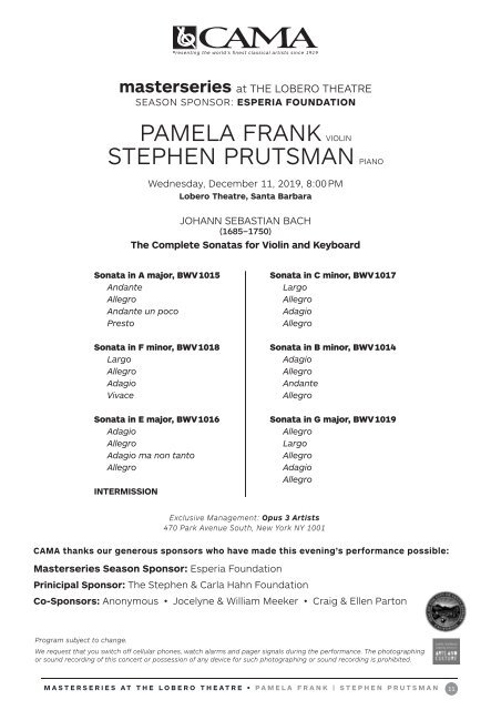Wednesday, December 11, 2019—Pamela Frank, violin and Stephen Prutsman, piano play Bach's Complete Sonatas for Violin and Keyboard—CAMA's Masterseries at The Lobero Theatre, Santa Barbara, California