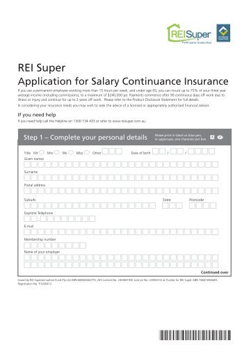 Application for Salary Continuance Insurance Cover - REI Super