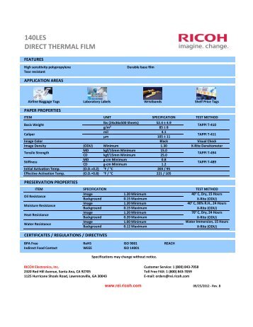 140LES DIRECT THERMAL FILM - Ricoh Electronics, Inc