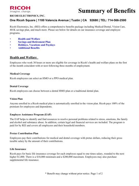Summary Of Benefits Ricoh Electronics Inc