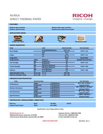 N140LA DIRECT THERMAL PAPER - Ricoh Electronics, Inc