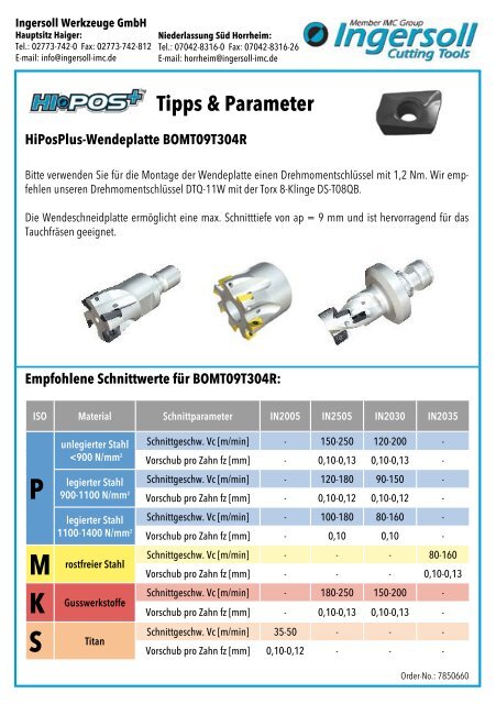 Tipps & Parameter - Ingersoll IMC