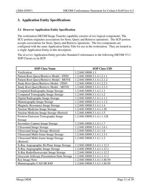 DICOM Conformance Statement for Cedara I ... - Merge Healthcare