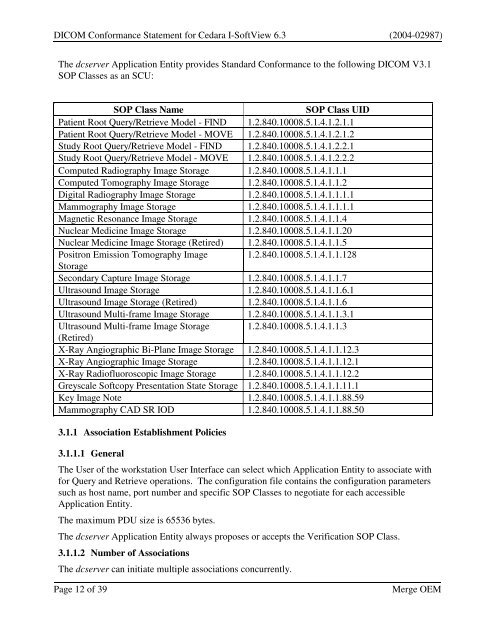 DICOM Conformance Statement for Cedara I ... - Merge Healthcare