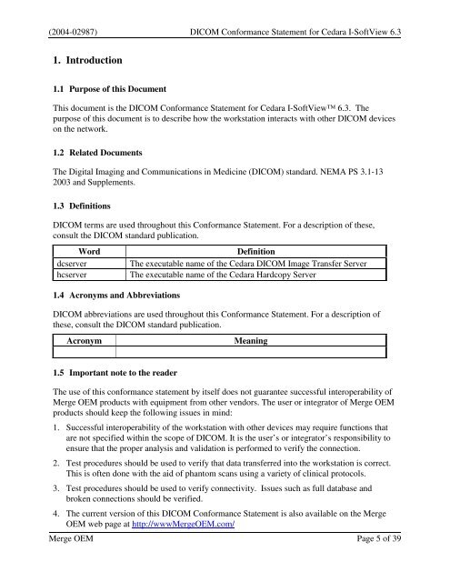 DICOM Conformance Statement for Cedara I ... - Merge Healthcare