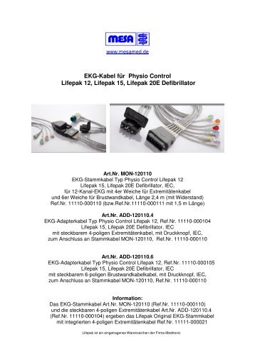 Physio Control Lifepak 12, 15, 20 E Defibrillator - MESA-EKG-Kabel ...