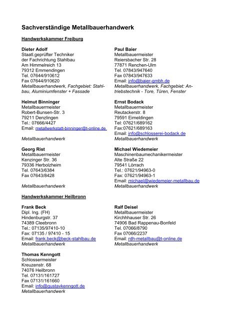 Sachverständige Metallbauerhandwerk